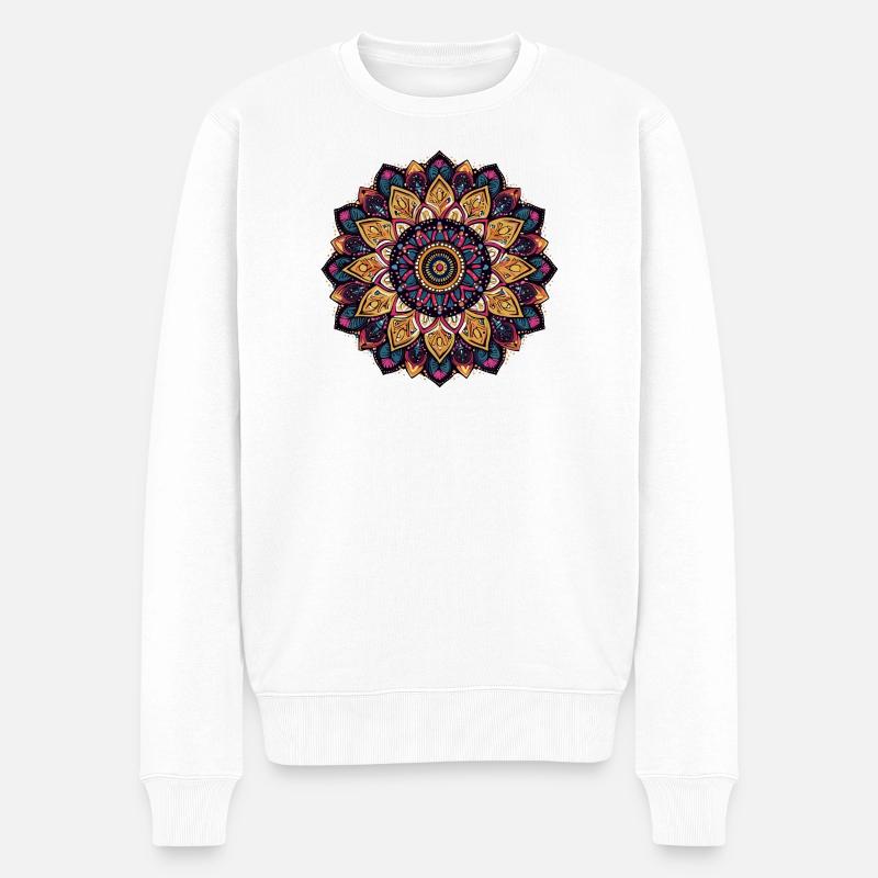 Lebendige Mandala-Blüte - Männer Premium Bio Pullover - Weiß
