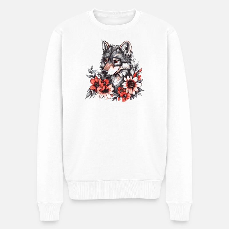 Loup avec une couronne de fleurs - Pull Premium bio Homme - blanc
