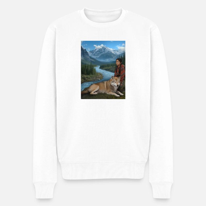 Wilde Berglandschaft mit Wolf und Frau - Männer Premium Bio Pullover - Weiß