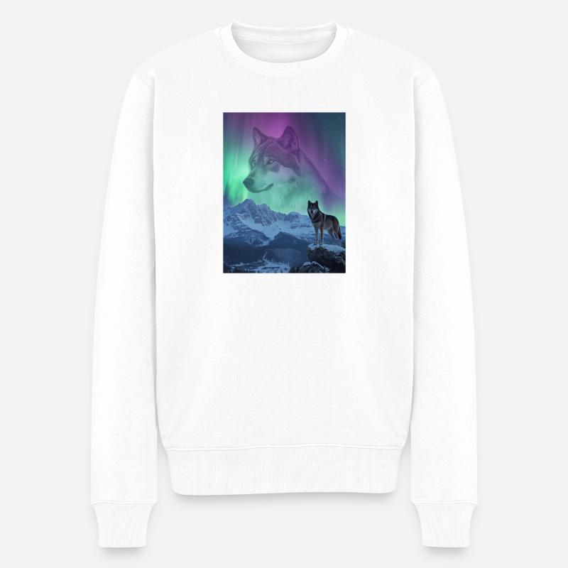 Nordlichtwolf im Gebirge - Männer Premium Bio Pullover - Weiß