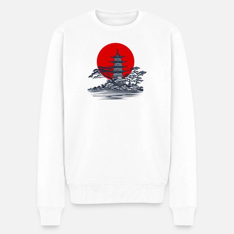 Pagode Silhouette mit roter Sonne Szene - Männer Premium Bio Pullover - Weiß