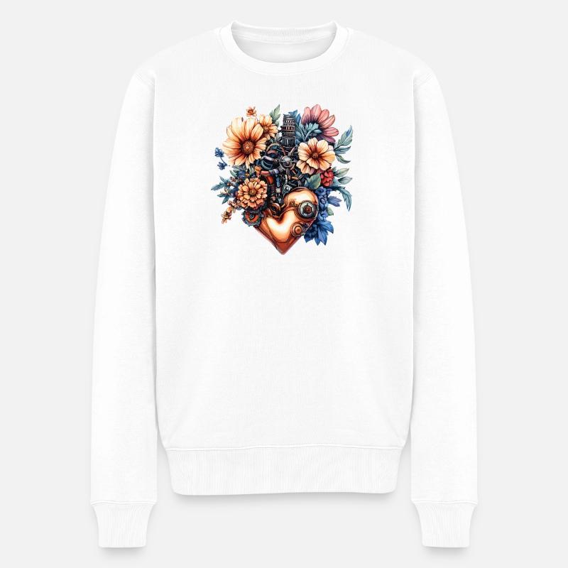 Herz aus Zahnrädern und Blumen - Männer Premium Bio Pullover - Weiß