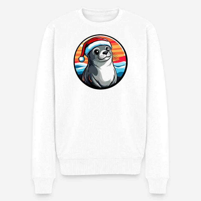 Seelöwe im Winter Santa Hut - Männer Premium Bio Pullover - Weiß