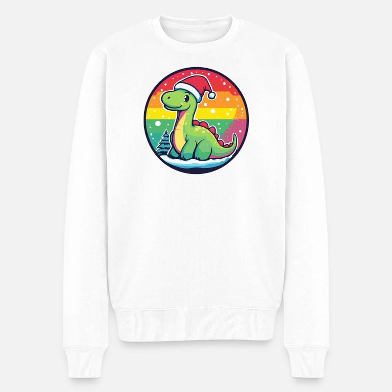 Dino mit Weihnachtsmütze Regenbogen - Männer Premium Bio Pullover - Weiß