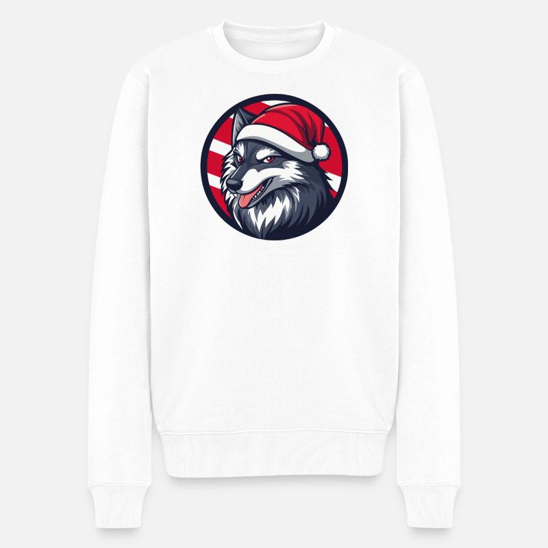 Winterwolf mit Santa Hut - Männer Premium Bio Pullover - Weiß
