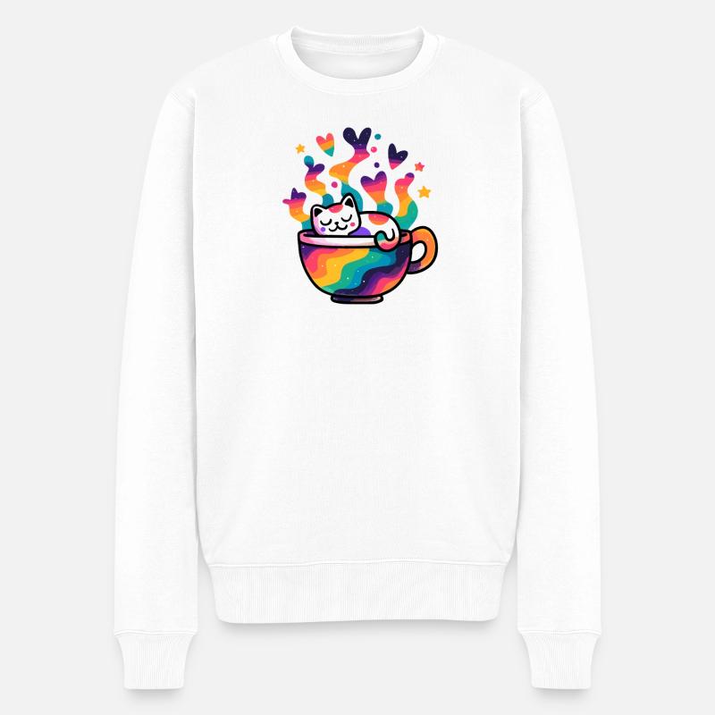 Regenbogenkatze im Becher - Männer Premium Bio Pullover - Weiß