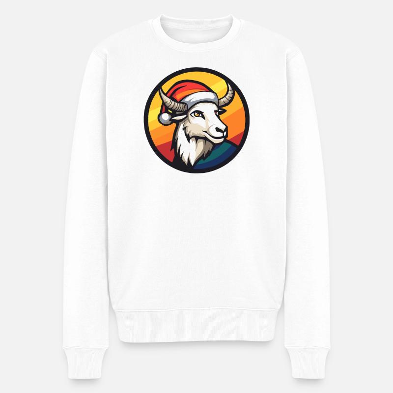 Bock mit Santa-Hut vor Regenbogen - Männer Premium Bio Pullover - Weiß