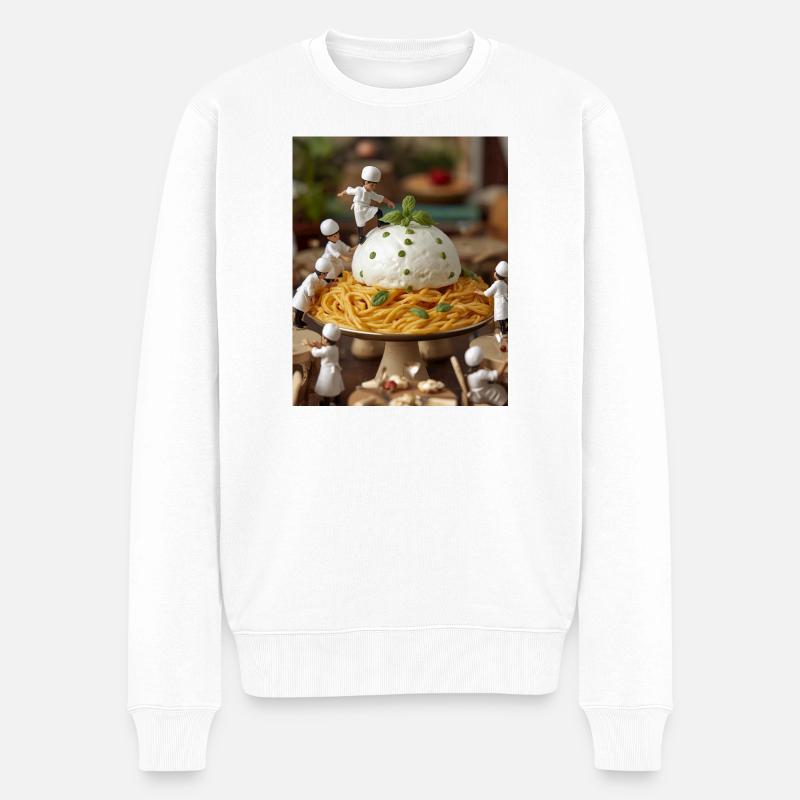 Miniaturköche auf Nudeltisch - Männer Premium Bio Pullover - Weiß