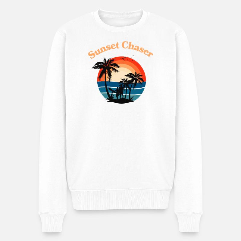 Retro Surfer Sunset Palm Tree Grafik - Männer Premium Bio Pullover - Weiß