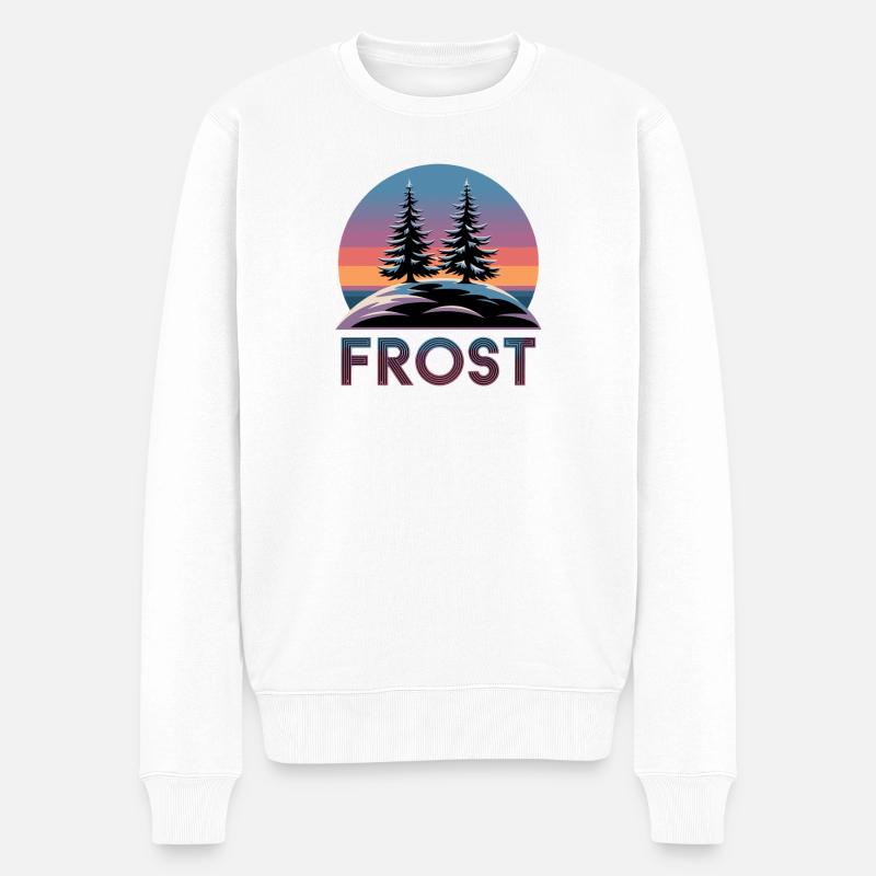  Frost Winterwald Retro Sonnenuntergang mit Tannen - Männer Premium Bio Pullover - Weiß