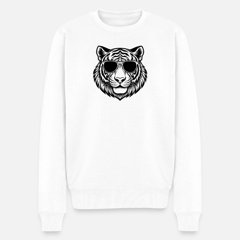 Tigerkopf mit Sonnenbrille - Männer Premium Bio Pullover - Weiß