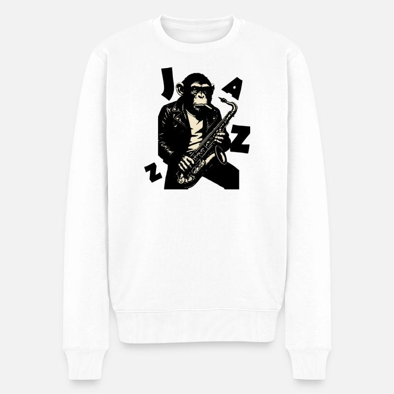 Saxophonaffe in Lederjacke - Männer Premium Bio Pullover - Weiß
