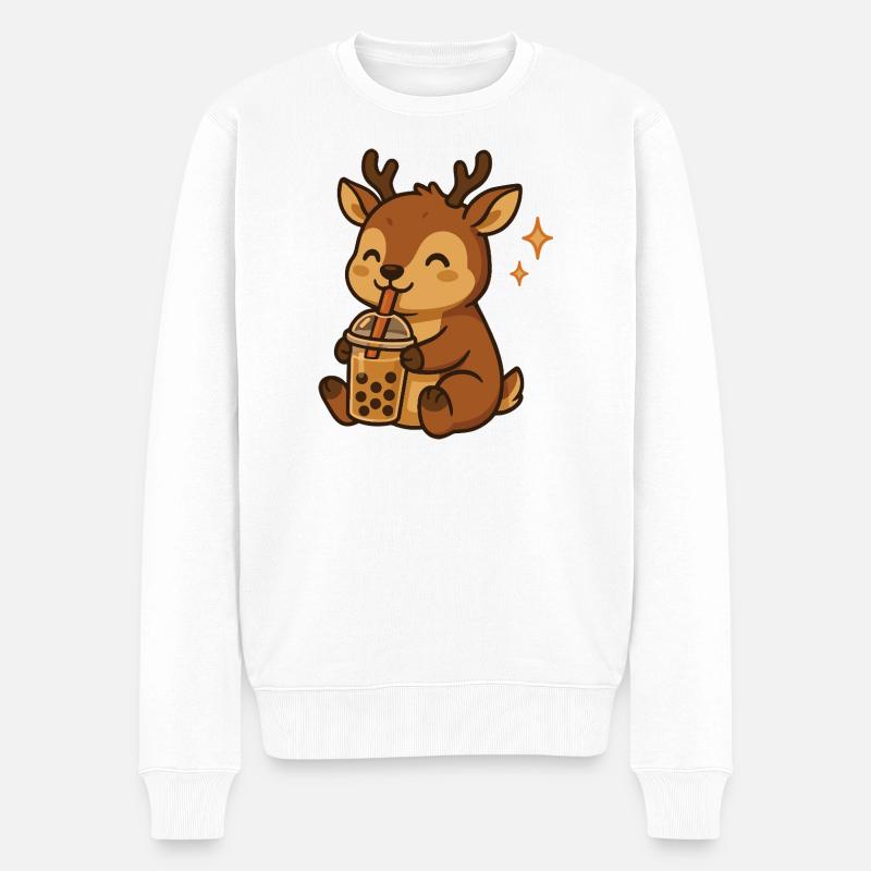 Hirsch mit Bubble Tea kawaii Hirsch - Männer Premium Bio Pullover - Weiß