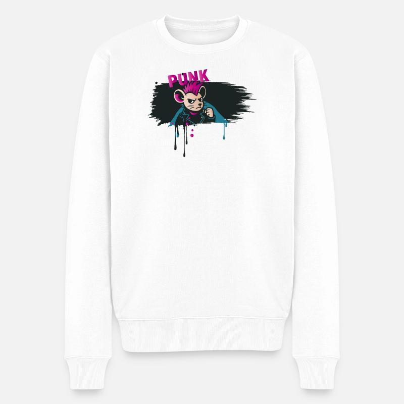 Punk Maus mit Irokesenschnitt und Lederjacke - Männer Premium Bio Pullover - Weiß