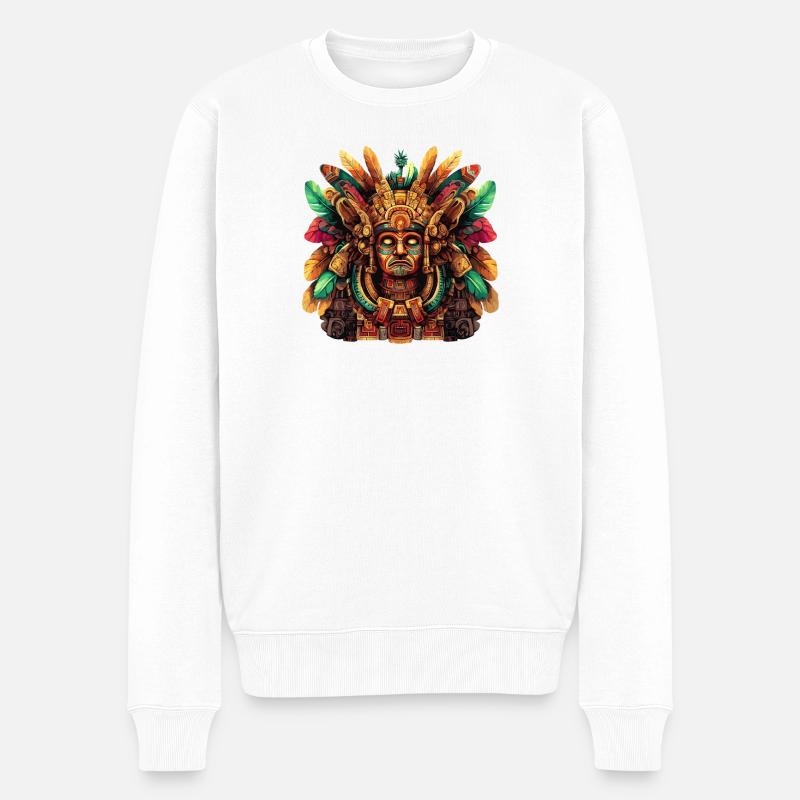 Masques totemiques aztèques avec plumes - Pull Premium bio Homme - blanc