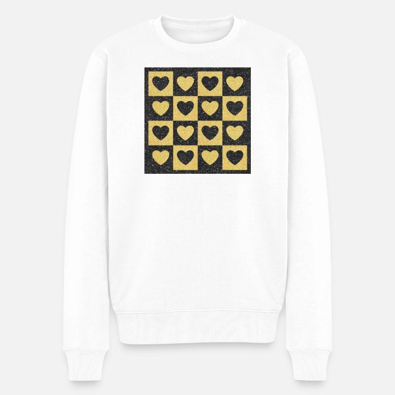 Schachbrett-Goldene Herzen auf schwarzem Glitzer - Männer Premium Bio Pullover - Weiß
