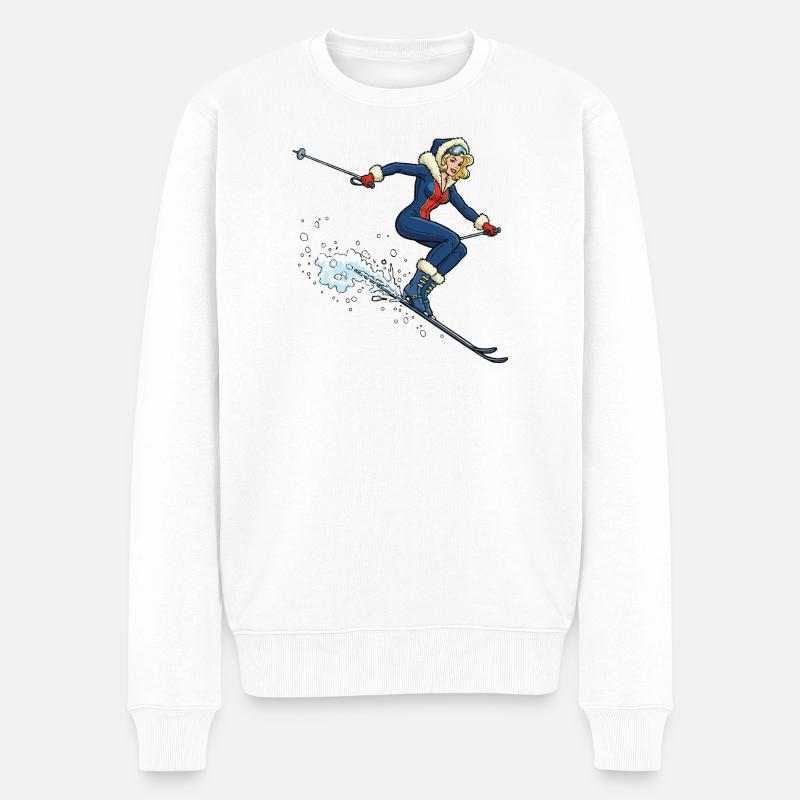 Frau auf Ski im Schnee - Männer Premium Bio Pullover - Weiß