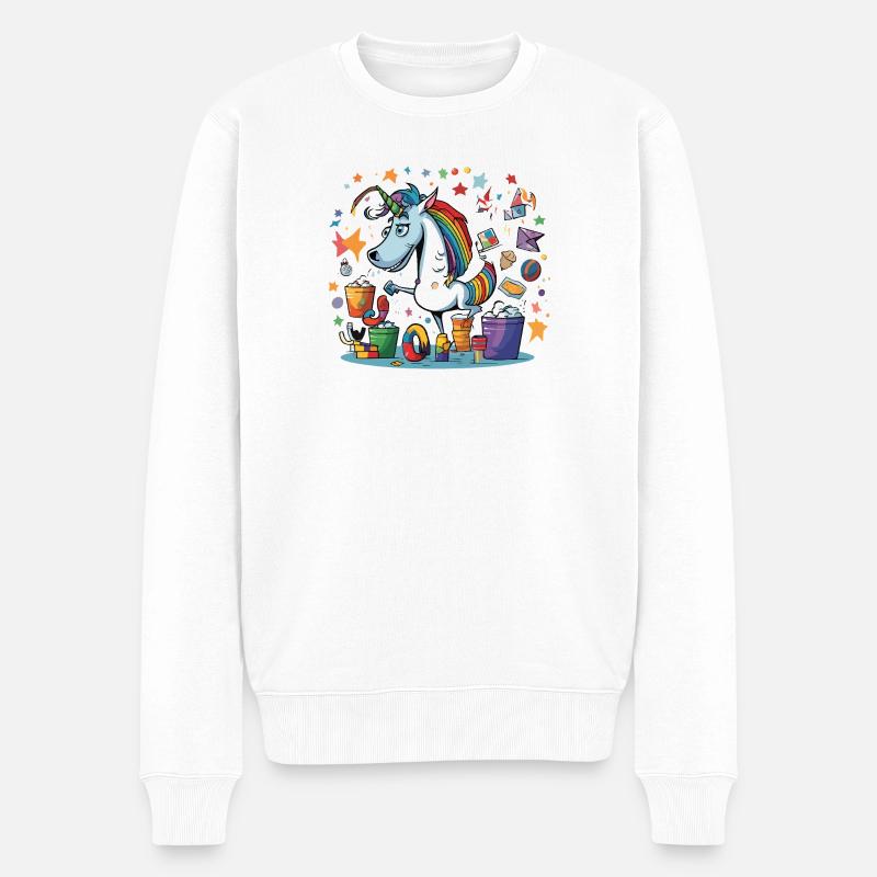 Bunter Einhorn Partychaos - Männer Premium Bio Pullover - Weiß