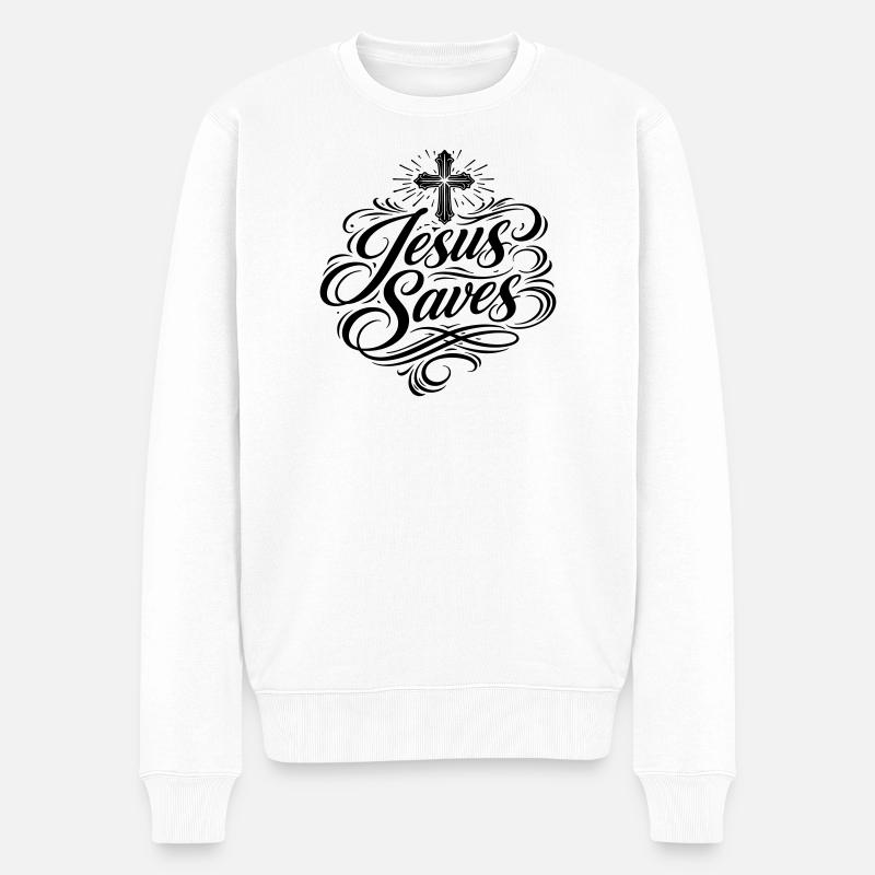 Jesus Saves Christlicher Spruch - Männer Premium Bio Pullover - Weiß