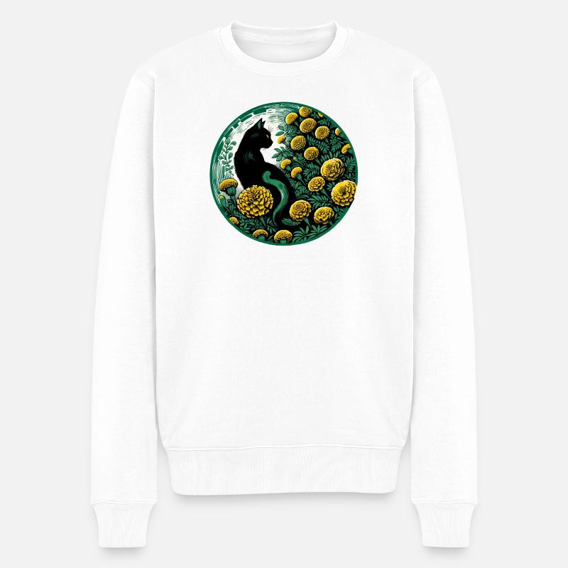 Mitternachtskatze zwischen goldenen Ringelblumen - Männer Premium Bio Pullover - Weiß