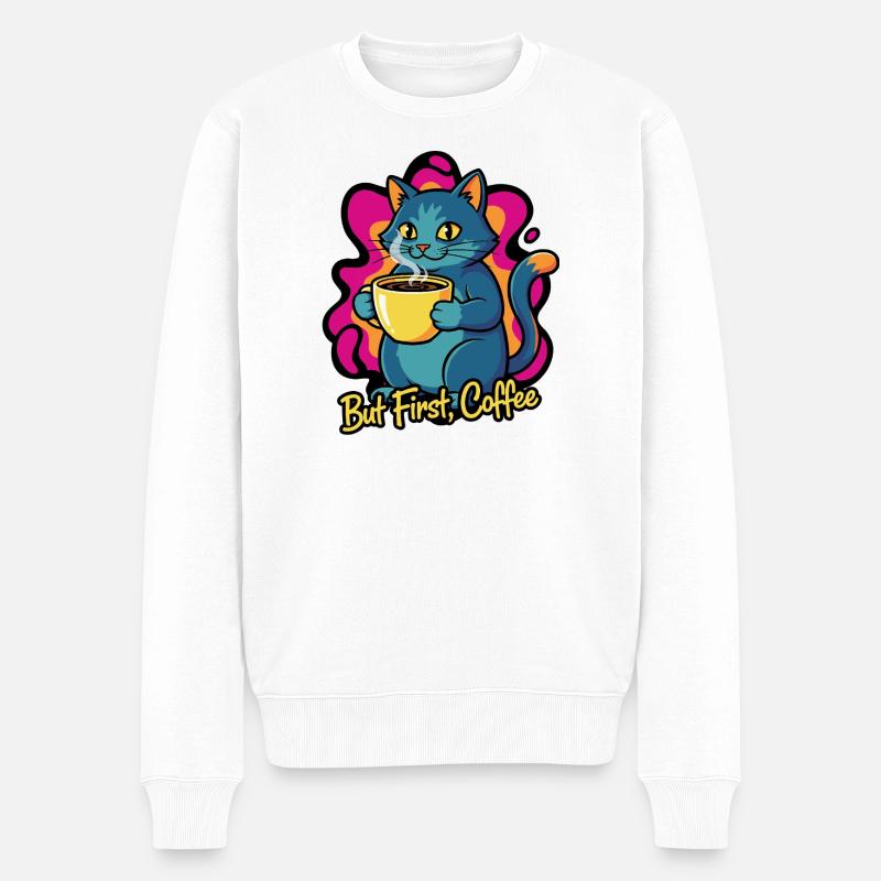Kaffee Katze – But First Coffee - Männer Premium Bio Pullover - Weiß