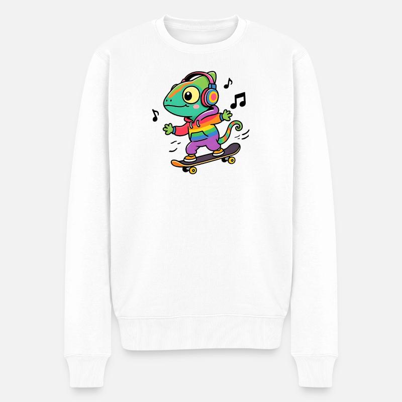 Caméléon Arc en Ciel sur Skate - Pull Premium bio Homme - blanc
