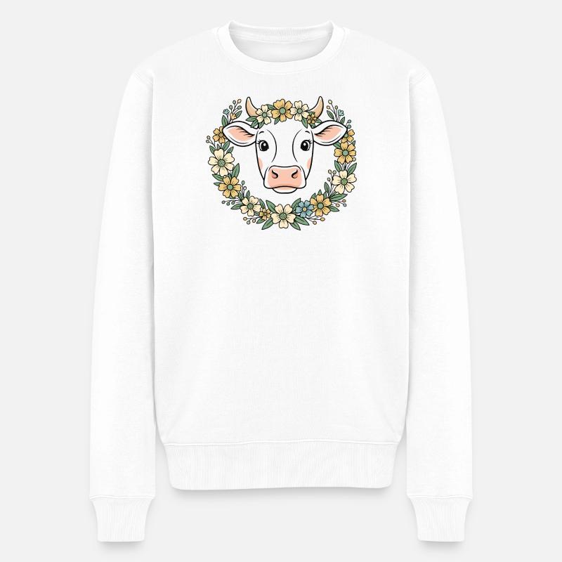 Kuh Blumenkranz Boho Frühling Vektor - Männer Premium Bio Pullover - Weiß