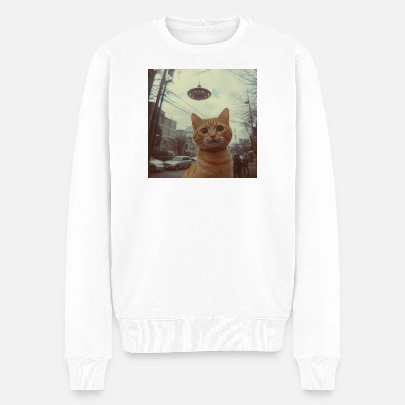 UFO-Katze über Neonstadt - Männer Premium Bio Pullover - Weiß