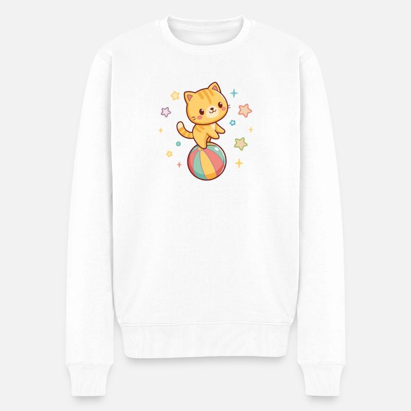 Akrobatisches Kätzchen auf dem Regenbogenball - Männer Premium Bio Pullover - Weiß