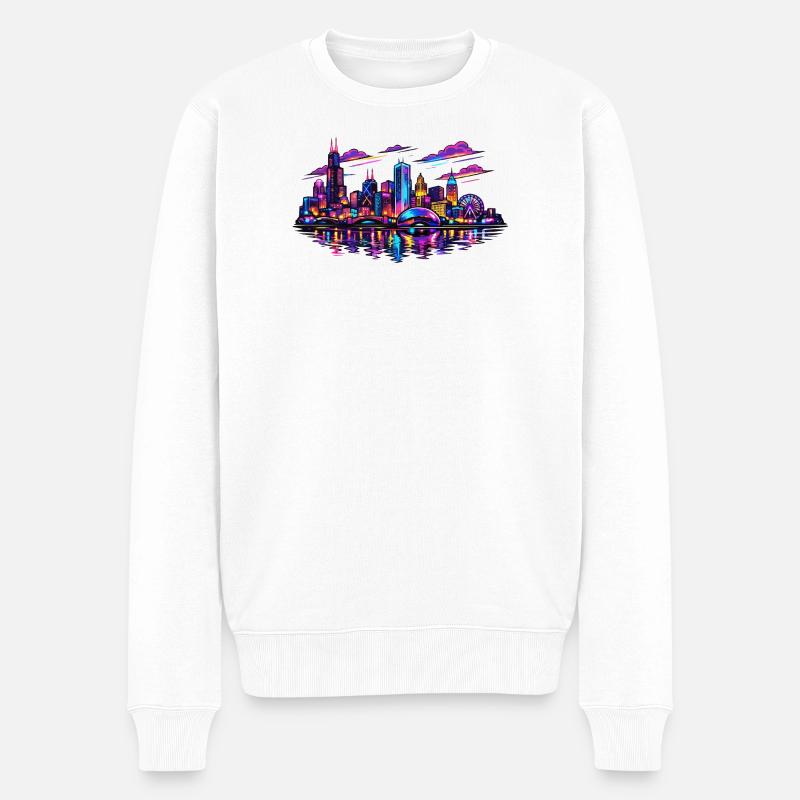 Chicago Neonstadt am Wasser - Männer Premium Bio Pullover - Weiß