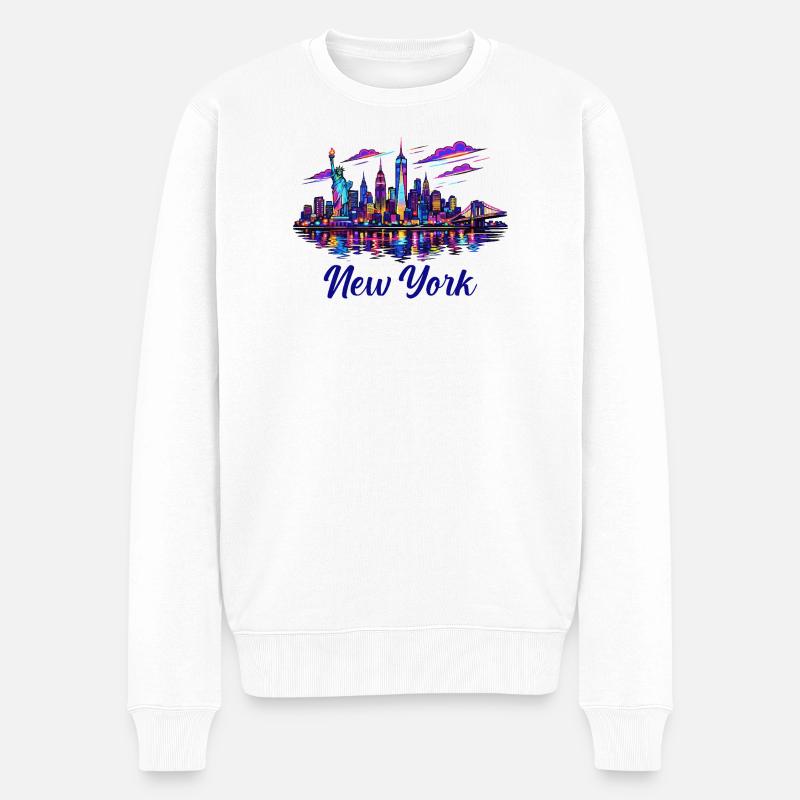 Neon New York Skyline - Männer Premium Bio Pullover - Weiß
