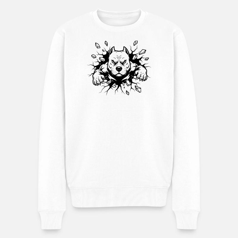 Pitbull Hund Wanddurchbruch Kraftmotiv - Männer Premium Bio Pullover - Weiß