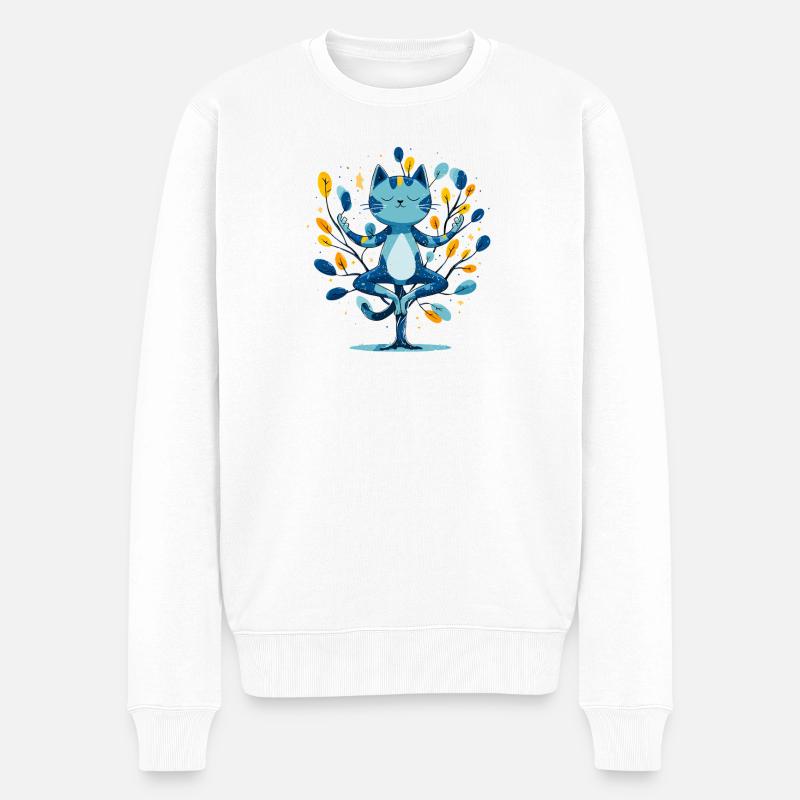 Blauer Meditationskater im Baum - Männer Premium Bio Pullover - Weiß