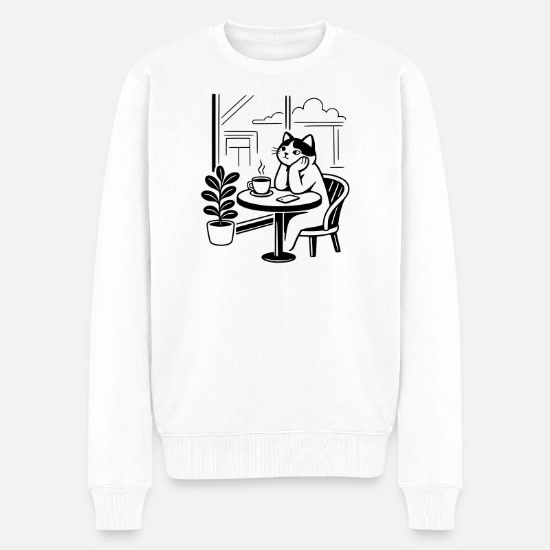 Nachdenkliche Katze Café - Männer Premium Bio Pullover - Weiß