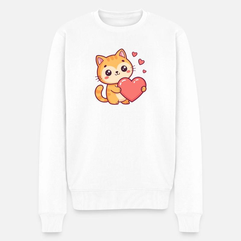 Süße Katze hält ein Herz - Männer Premium Bio Pullover - Weiß