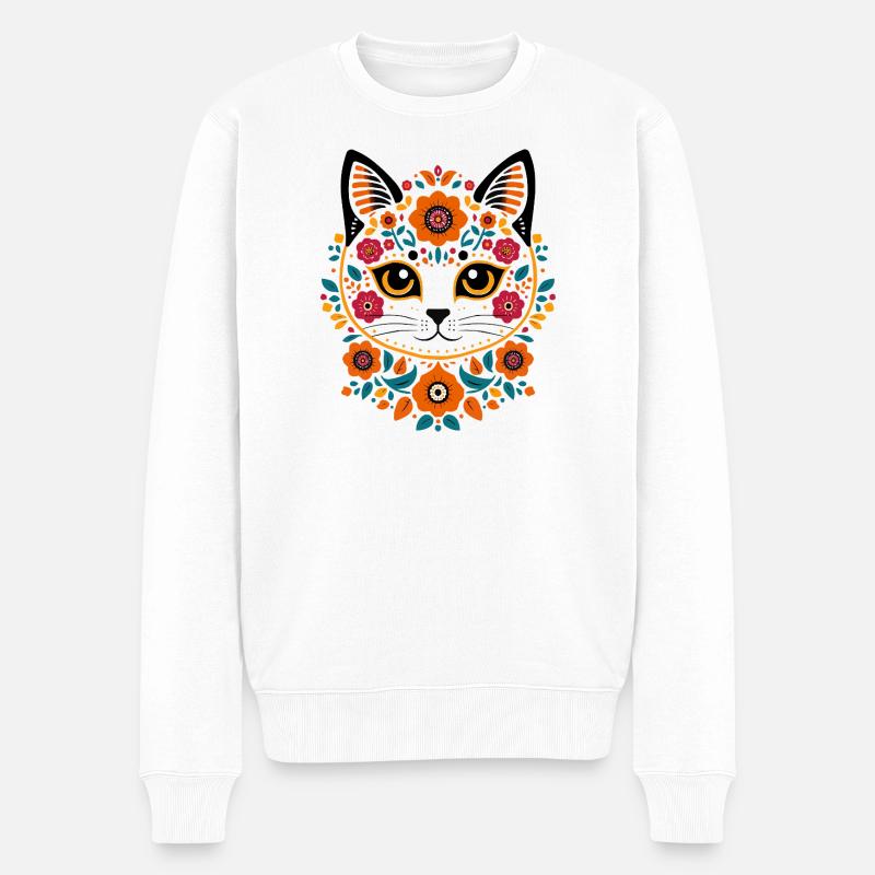 Blumenkatze im Folk-Art Stil - Männer Premium Bio Pullover - Weiß