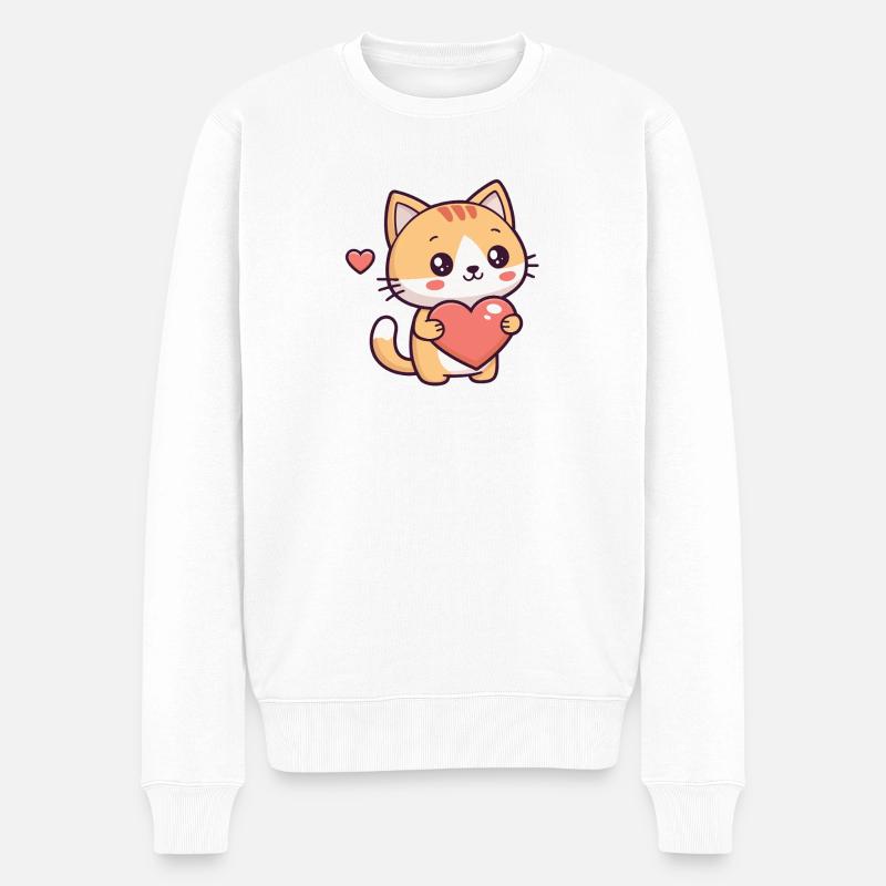 Chat mignon tenant un cœur - Pull Premium bio Homme - blanc