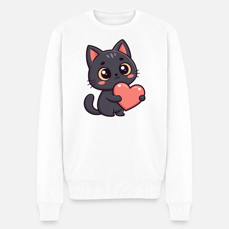 Schwarzes Katzenherz - Männer Premium Bio Pullover - Weiß