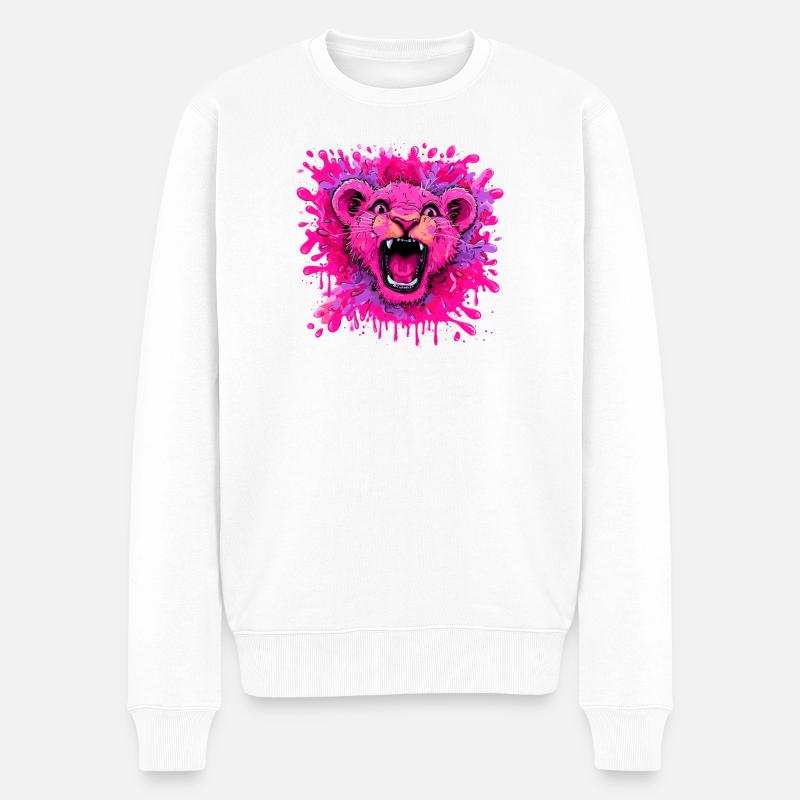Pinker Löwe im Farbschwall - Männer Premium Bio Pullover - Weiß