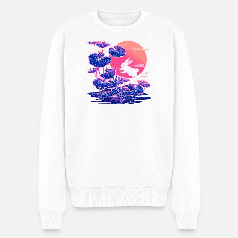 Neonhasen-Lotuswald im Abendlicht - Männer Premium Bio Pullover - Weiß