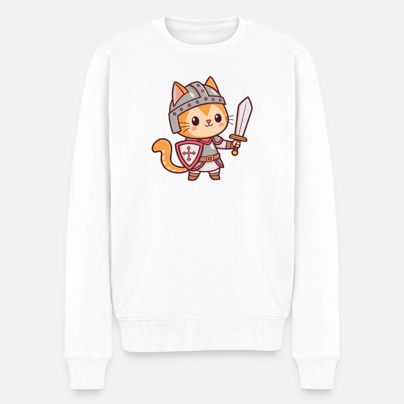 Kawaii-Ritterkatze mit Schwert - Männer Premium Bio Pullover - Weiß