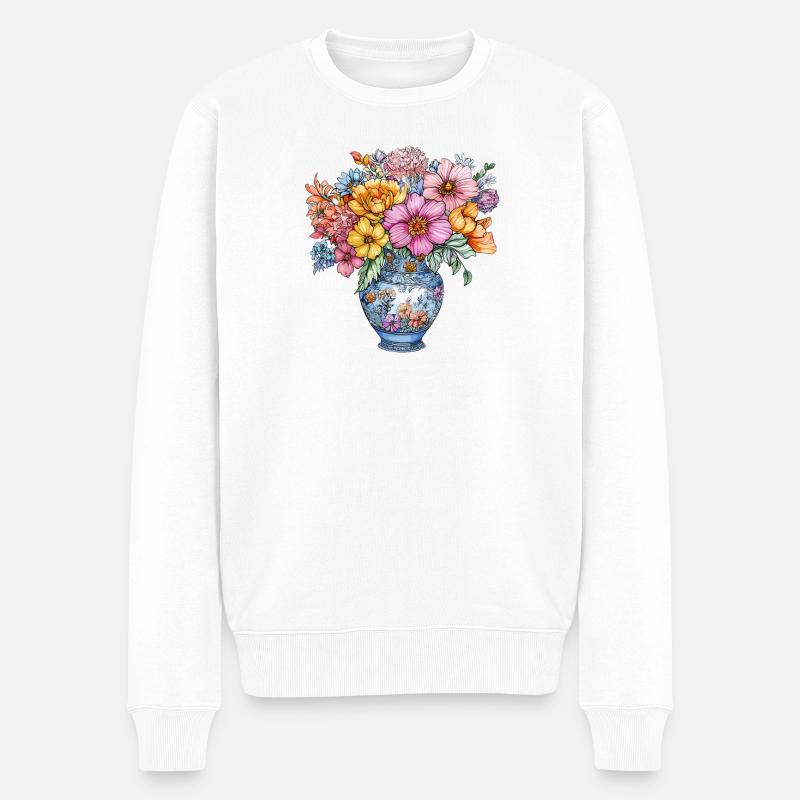 Blumenstrauß in blauer Delft-Vase - Männer Premium Bio Pullover - Weiß