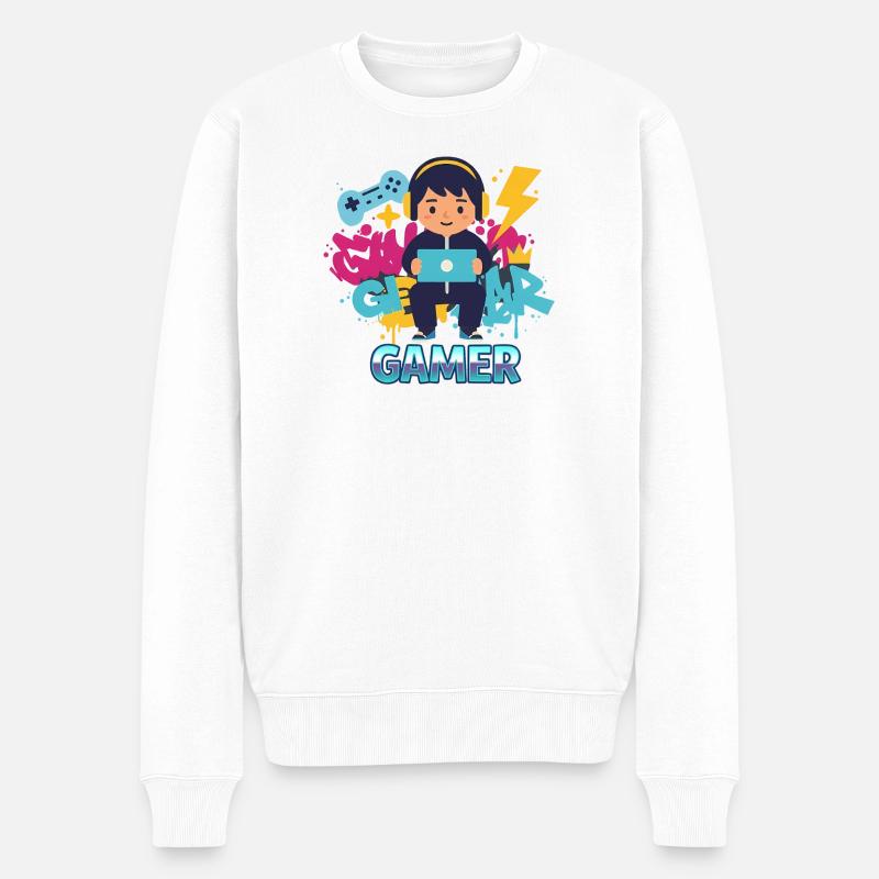 Gamer Kid mit Gamepad und Kopfhörern - Männer Premium Bio Pullover - Weiß