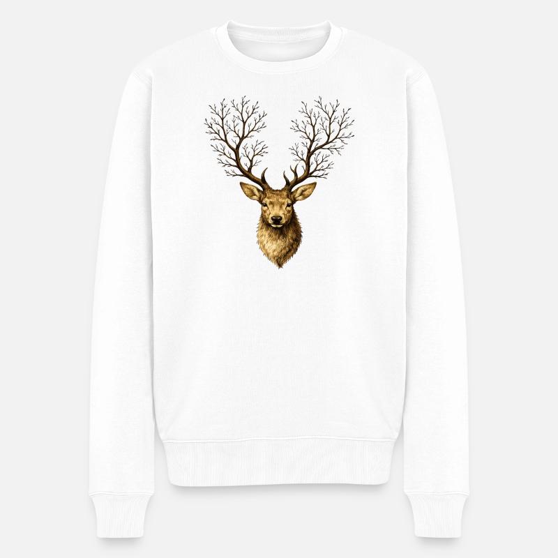 Hirschkopf mit Baumgeweih – Mystischer Waldgeist - Männer Premium Bio Pullover - Weiß
