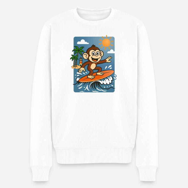 Surfing Monkey Cartoon – Sommer-Tropendesign - Männer Premium Bio Pullover - Weiß
