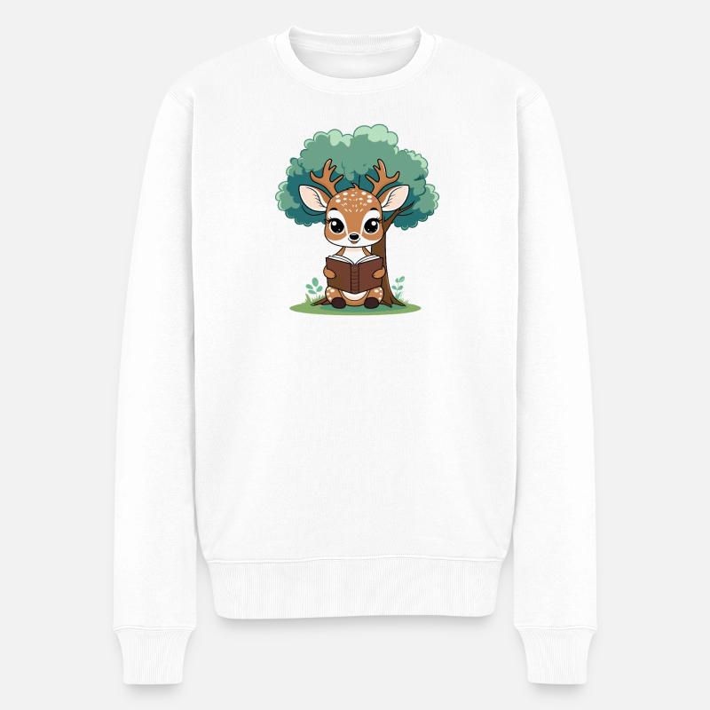 Lesender Hirsch im Wald - Männer Premium Bio Pullover - Weiß