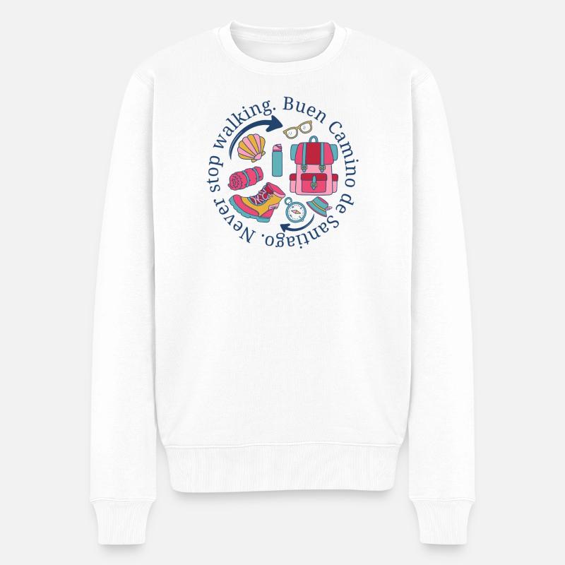 Buen Camino de Santiago Never Stop Walking Emblem - Männer Premium Bio Pullover - Weiß