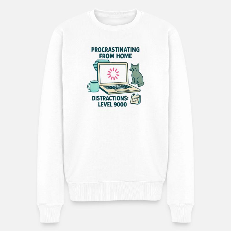 Humour Procrastination Télétravail Chat et Café - Pull Premium bio Homme - blanc