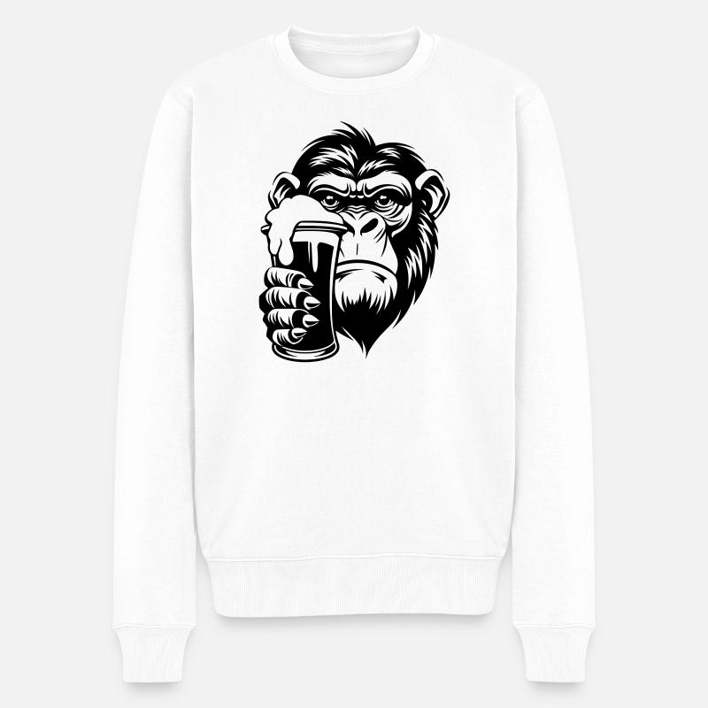 Affe hält ein Getränk mit Schaum - Männer Premium Bio Pullover - Weiß