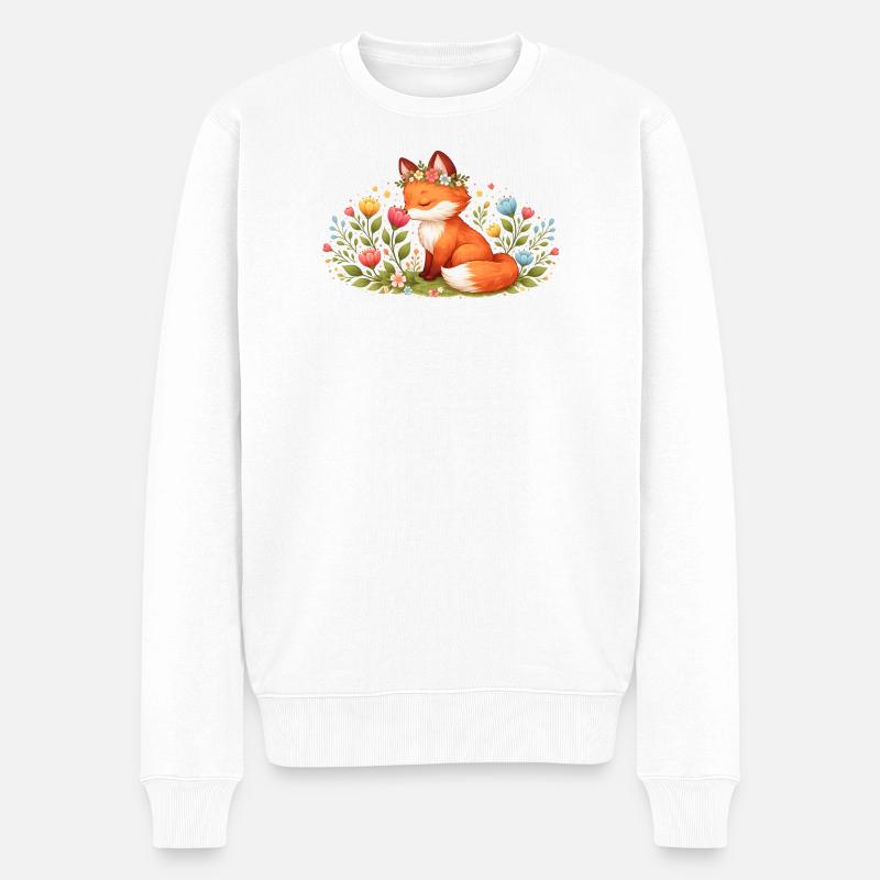 Niedlicher Frühlingsfuchs mit Blumenkranz - Männer Premium Bio Pullover - Weiß